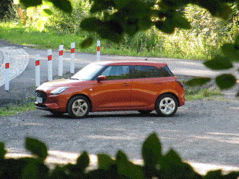 pohled skrz větve listnatého stromu na oranžový Suzuki Swift na odstavné ploše